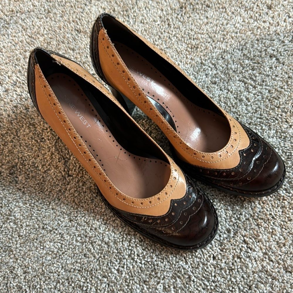 Nine West Two Tone Brown Oxford Wingtip Heels Shoe